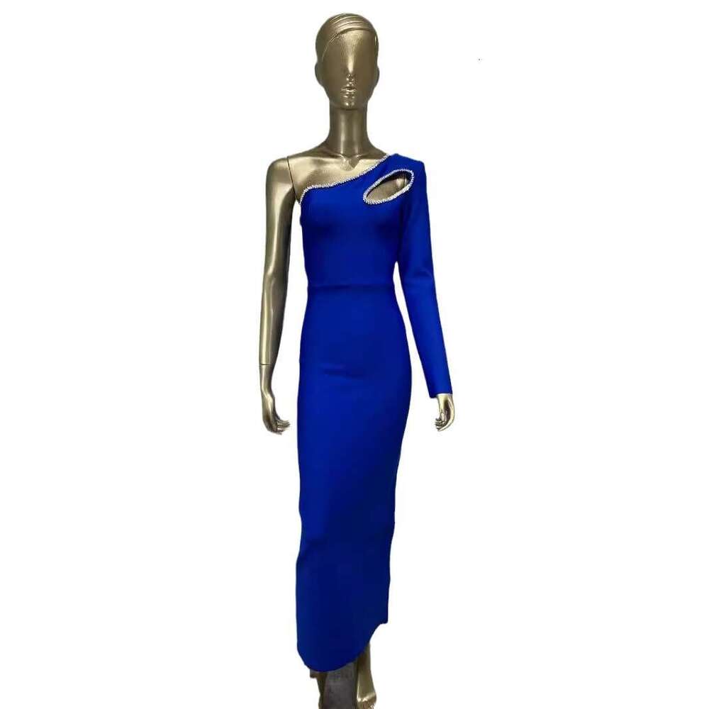 Maxi Dress New Bandage Blue Single Shoulder Long Sleeve Diamond Banquet Party Dress KQ