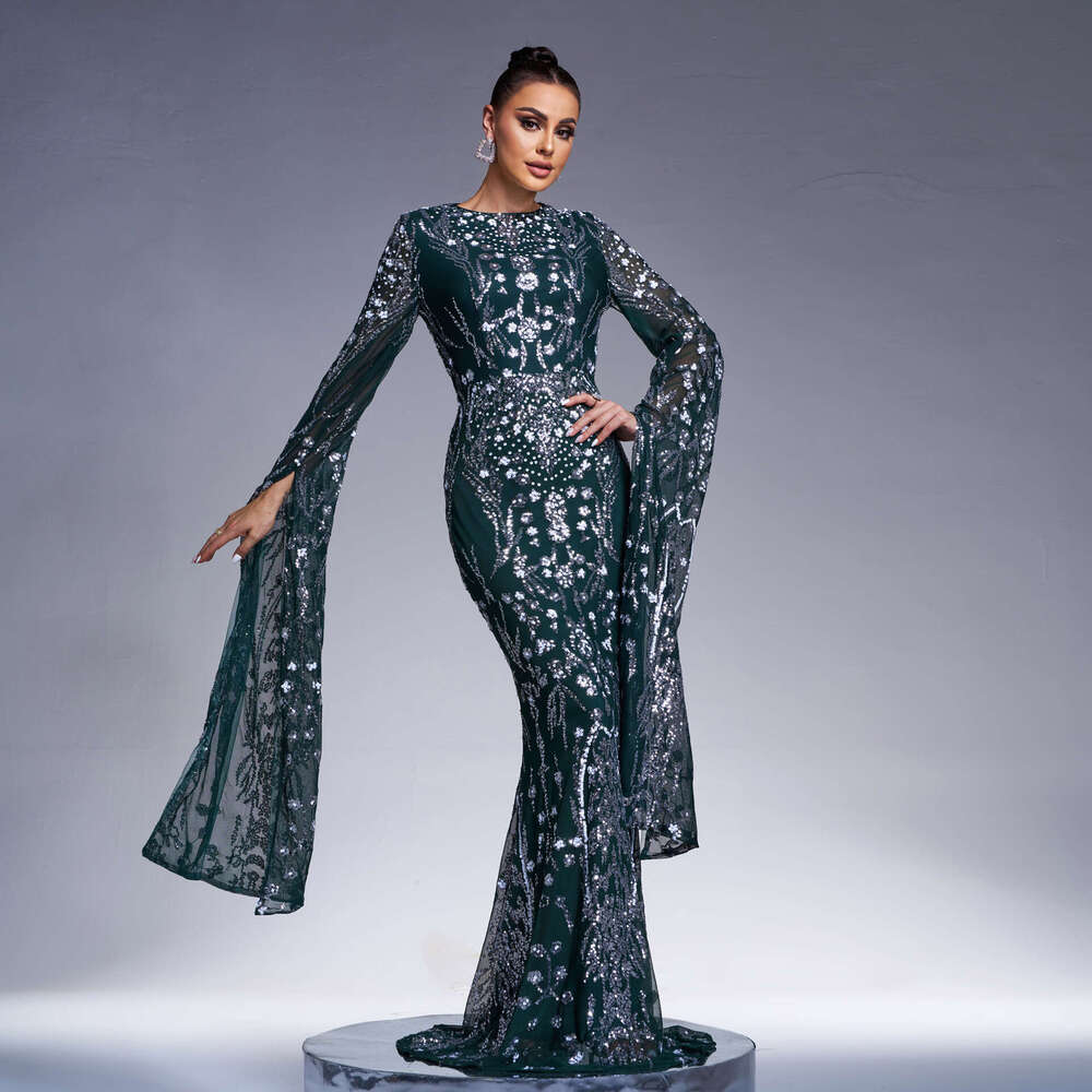 Maxi Dress Ultra Sleeves Elegant Round Neck Sexy Slim Fit Long Sequin Banquet Gown Bridesmaid Dress Dress KQ