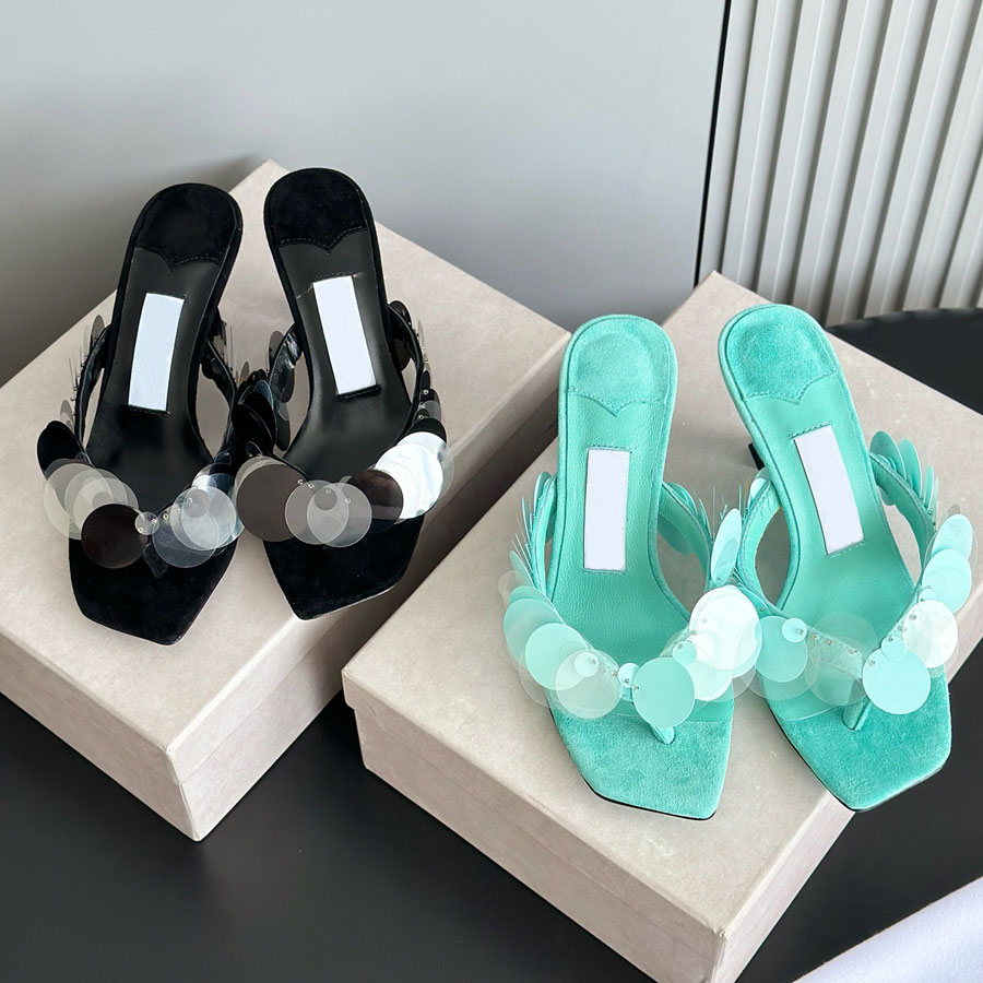 new High quality Sequin decoration Flip-flops high heel Slippers mules shoes Kitten heels Sandals Luxury designer heels Evening office shoes