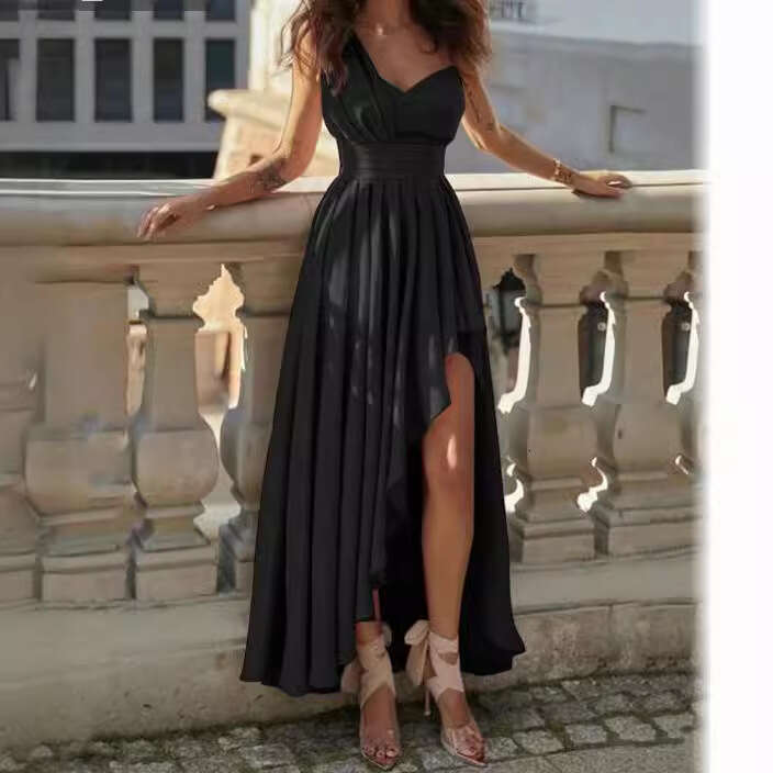 Maxi Dress New Solid Color Chiffon Sloping Shoulder Slim Fit Long Irregular Hem Dress KQ