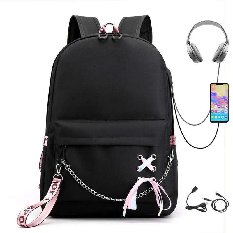 College Students Fashion Trend Travel Backpack USB Charging Laptop Bagpack Black School Bags for Teenager