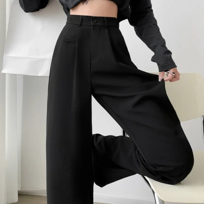 SpringSummer Retro Grey Womens Wide Leg Pants High Waist Casual Loose Straight 250506