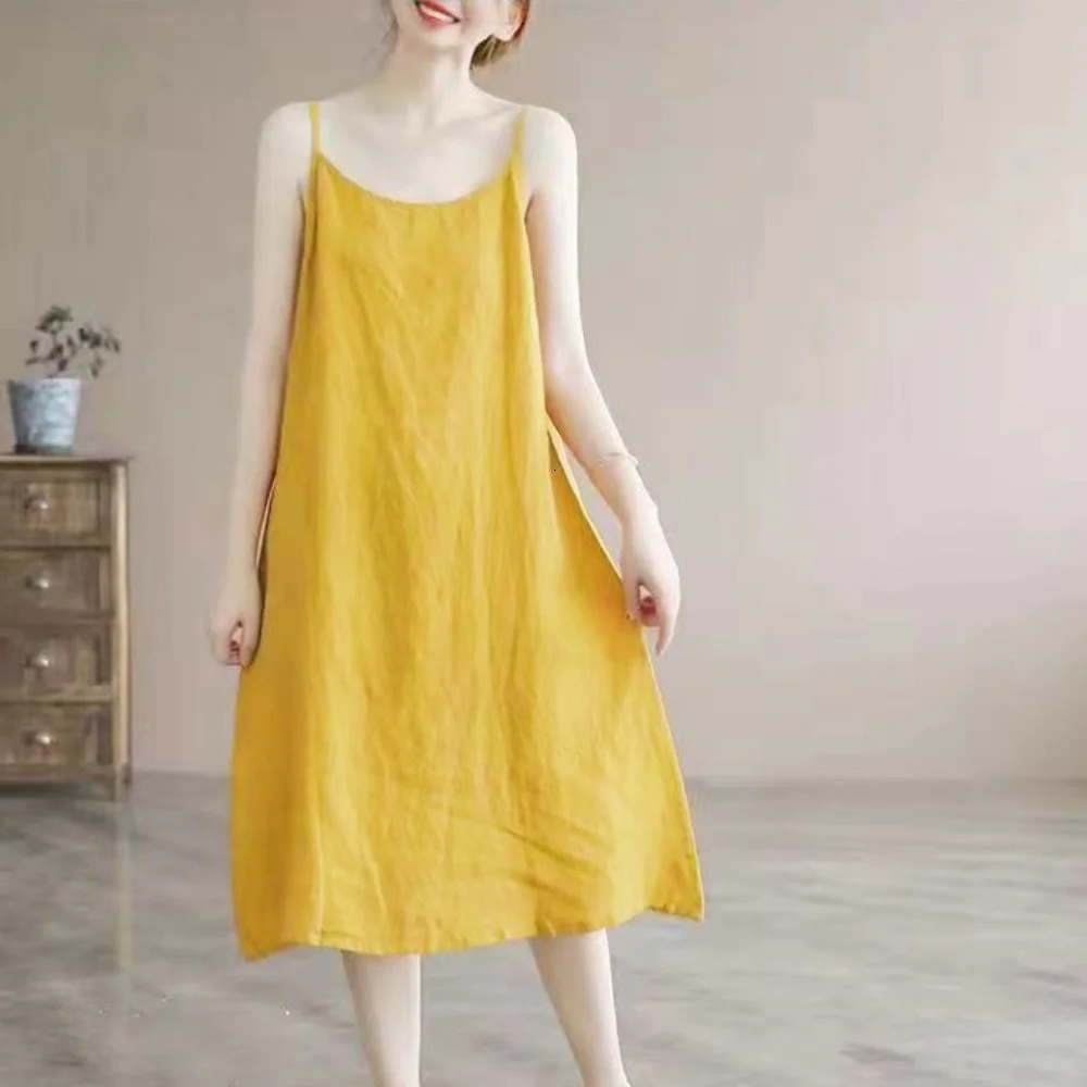Women Casual Loose Strap Dress Retro Elegant Soft Cotton Linen Dress Sleeveless A-Line Straight Beach Holiday Dress Summer Thin 250517