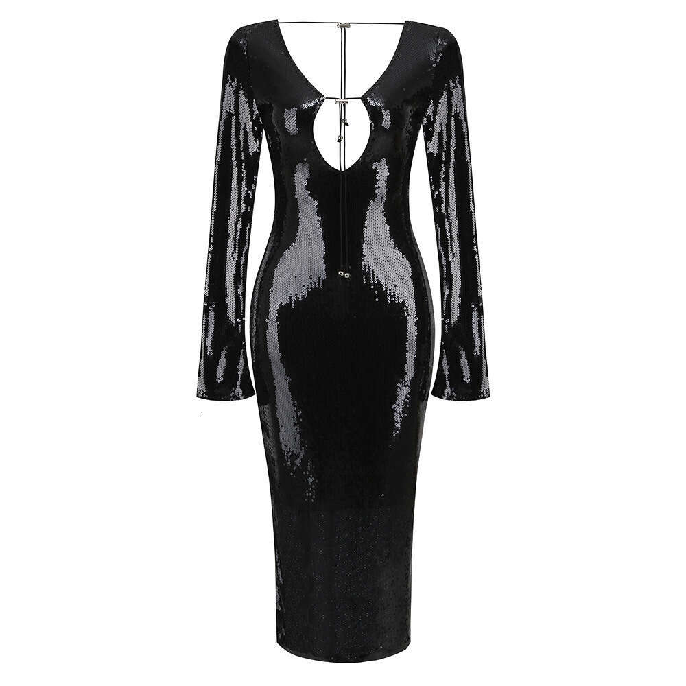 Maxi Dress High End Fashion Sequin V Neck Backless Slim Fitting Party Dress Mid Length KQ