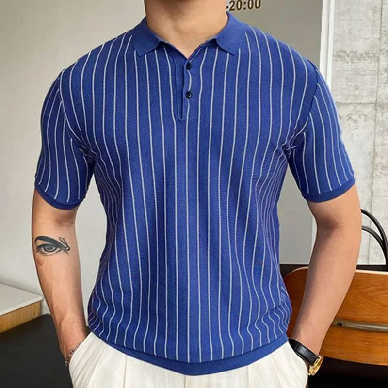 Mens Top Summer Striped Knit Sweater Slim Fit Short Sleeved Lapel Business Polo Shirt for Men 250517