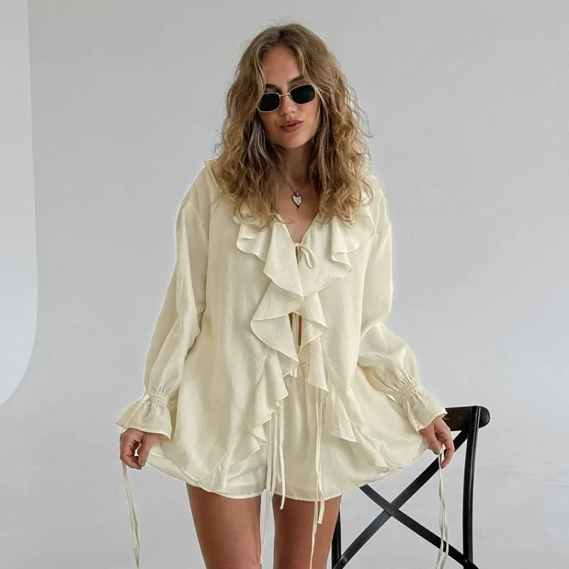 Tuularose Casual Shorts Two-piece Set Womens Ruffled Loose Tie Top Simple Shorts Set Office Lady Summer Female Shorts Set 250517