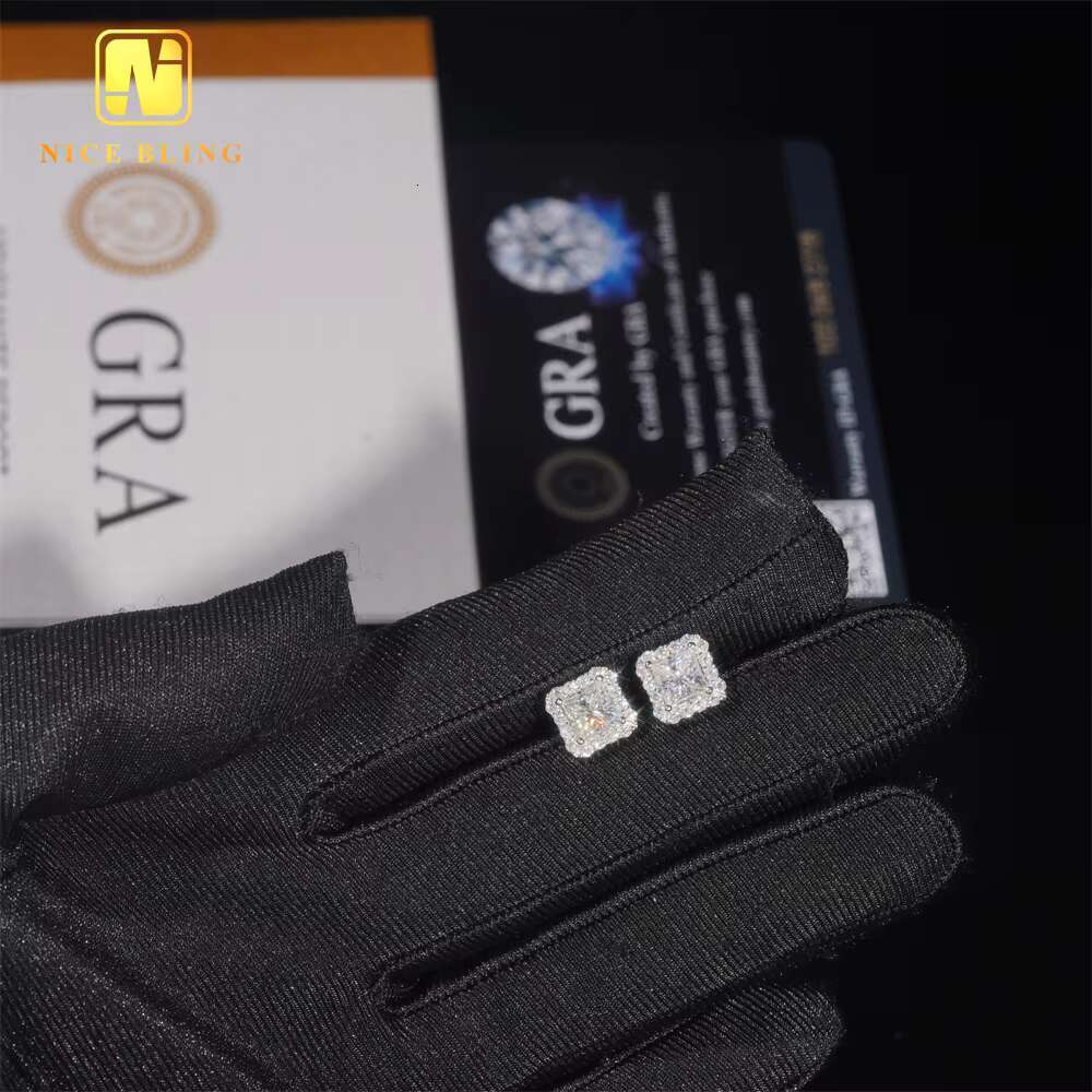 Pass Diamond Tester GRA Certified VVS Diamond 925 Sterling Silver Princess Cut Moissanite Stud Earrings