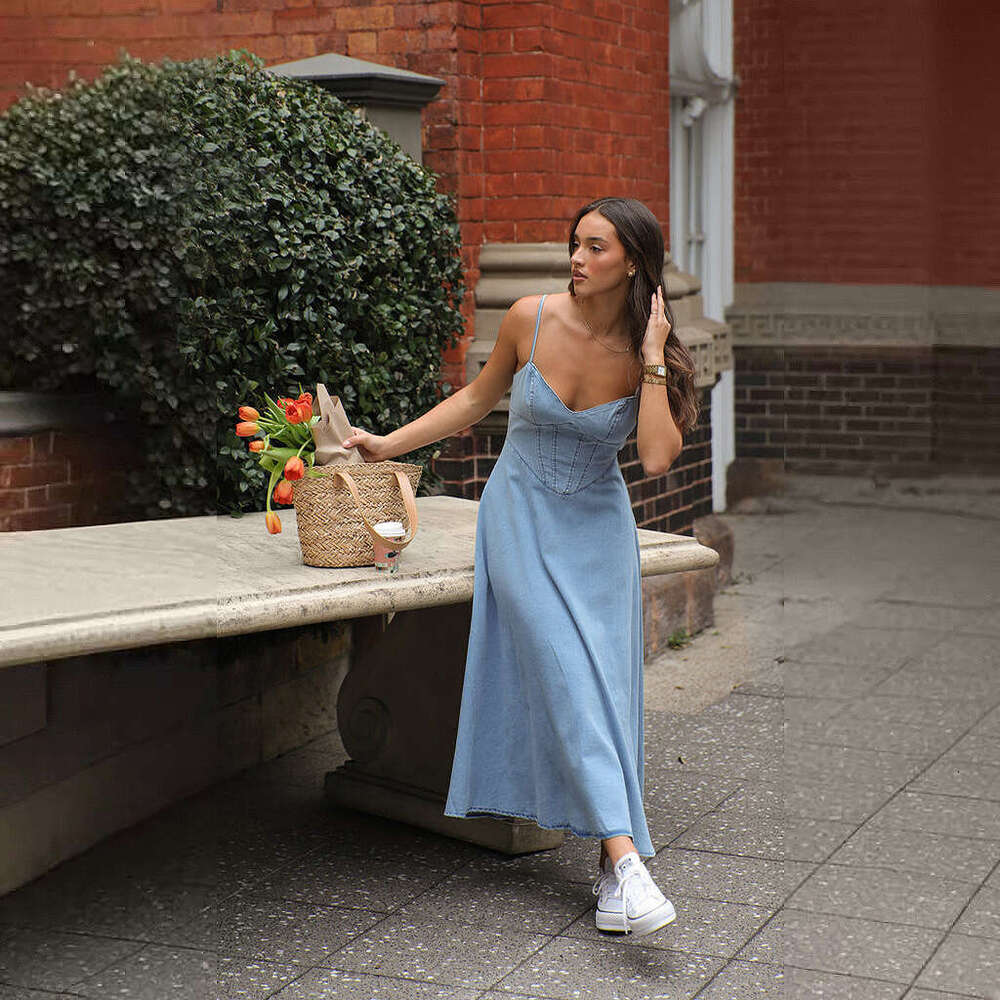 Maxi Dress Spring And Summer New V Neck Camisole Vintage Sexy Style Elastic Denim Long Dress KQ