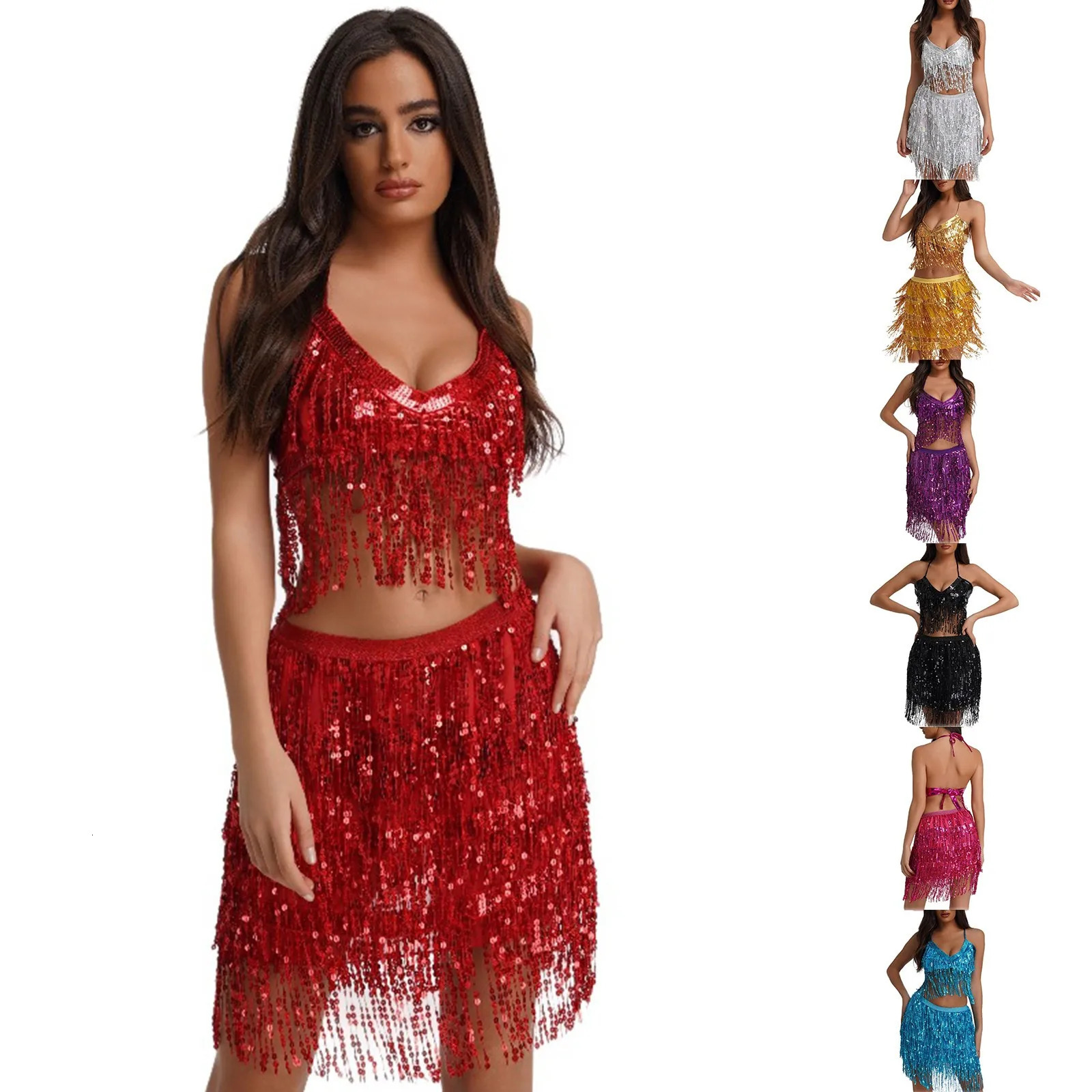 Sexy Sequins Draped Details Two Pieces Sets Y2k Fashion Shiny Women Halter Crop Top Tassel Mini Skirt Female Skirts Set 250516