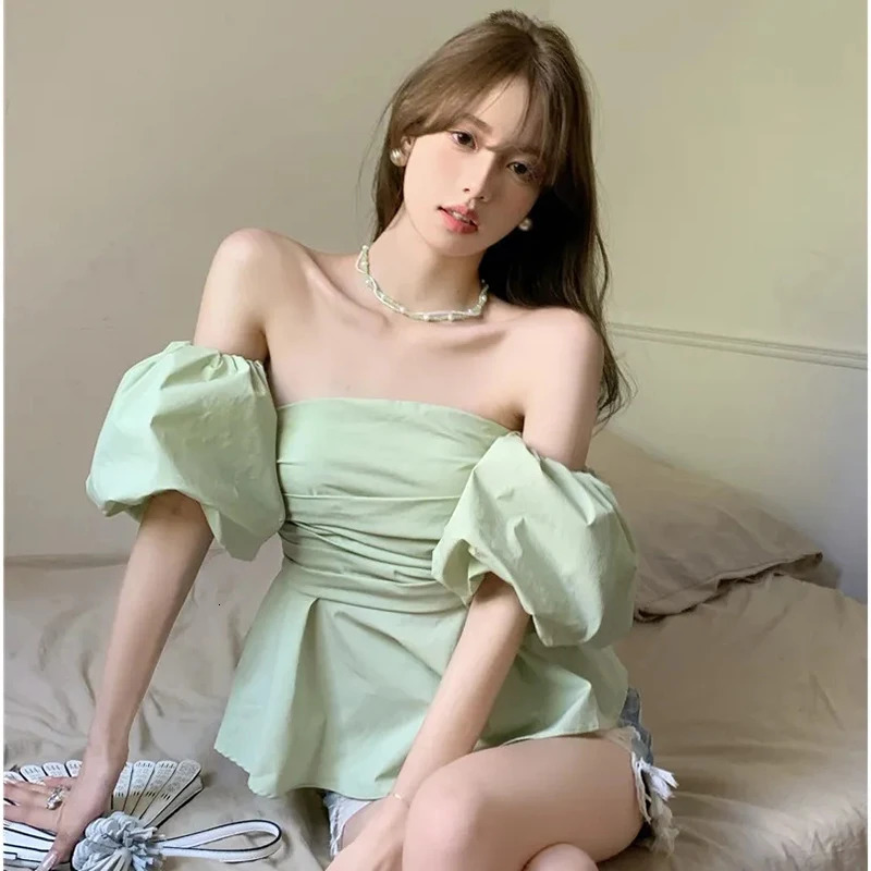 Beach Style Slash Neck Woman Solid Shirt Summer Off Shoulder Puff Short Sleeve Ladies Blouse Folds Sexy Backless Female Tops 250517