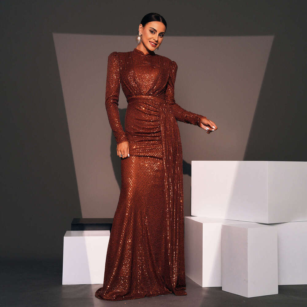Maxi Dress Evening Gown Sleeved Temperament Round Neck Sexy Slim Fit Long Sequin Banquet Bridesmaid Dress For Women KQ