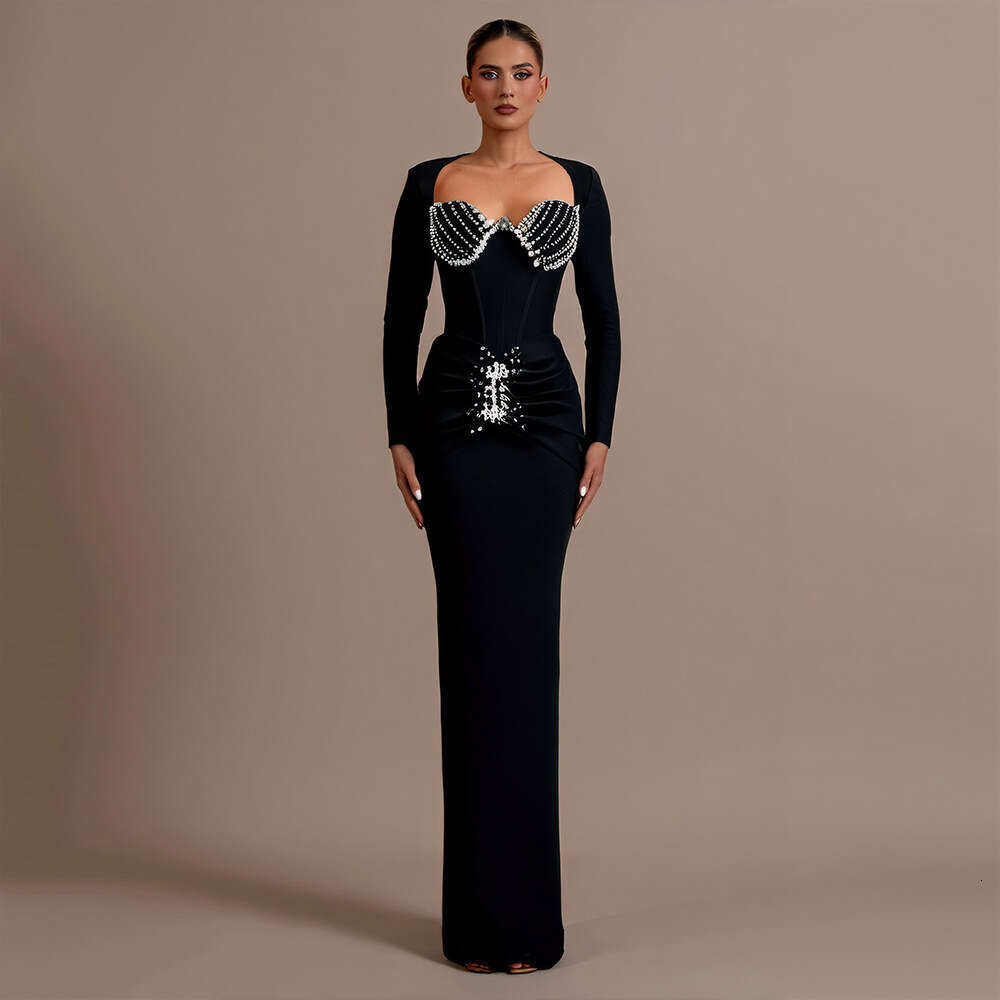 Maxi Dress New Sleeved Bandage Temperament Long Skirt Fashionable Dress Heavy Duty Custom Made Diamond Women S Dress With Temperament KQ