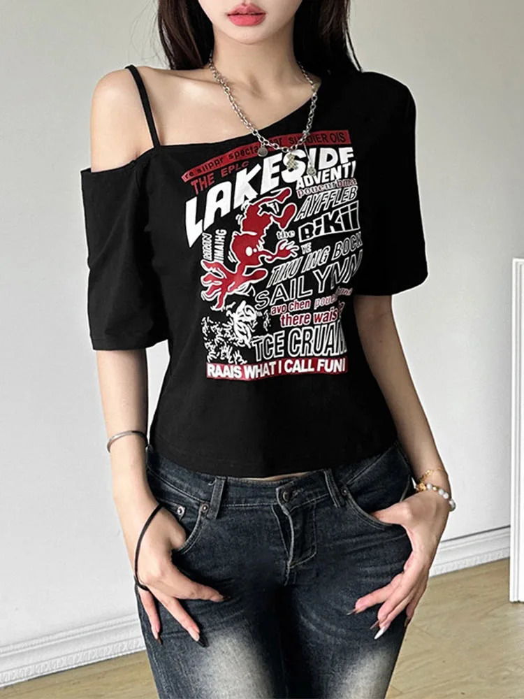 Gothic Tee Y2k Letter Print Off Shoulder Punk T-shirts Women Harajuku Summer Streetwear Grunge T Shirt Aesthetic Sexy Crop Tops 250517