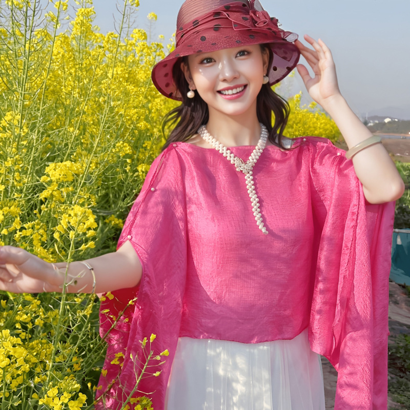 K757 Summer new style streamer silk scarf solid color new Chinese style pearl button shawl outdoor travel photography sunscreen shirt outer wear