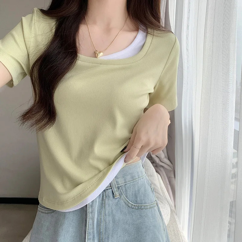 Slim T-shirt for Women for Womens Short-sleeved Summer Two-piece Spliced shoulder Pure Desire Cotton Top 250517