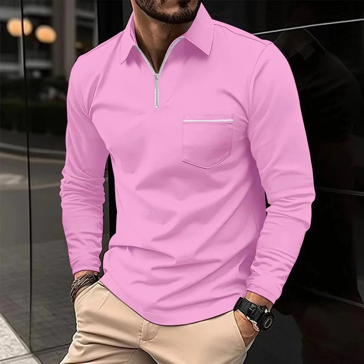 European and American Cross border Spring and Autumn Season Long sleeved POLO Shirt Zipper Pocket Mens Sports Long 250517