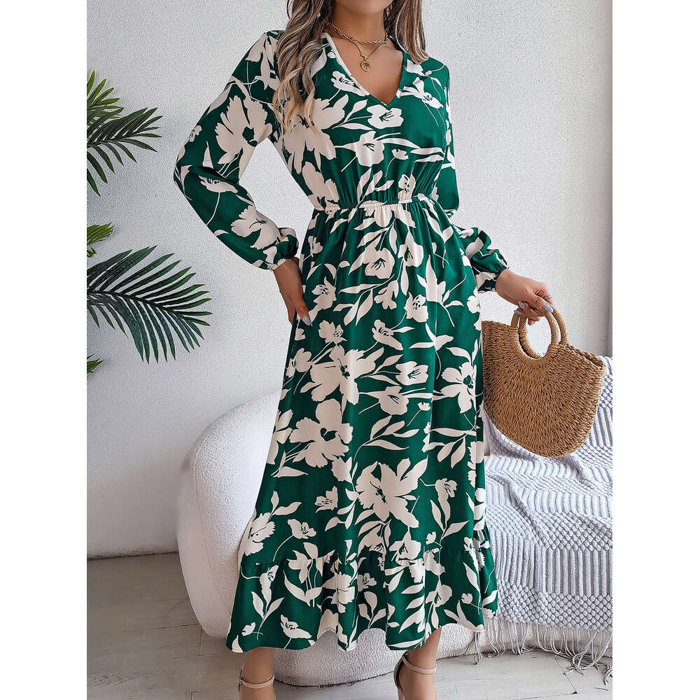 2024 Autumn/Winter Casual Flower Waist Long Sleeve Ruffle Edge Dress Women's Wear