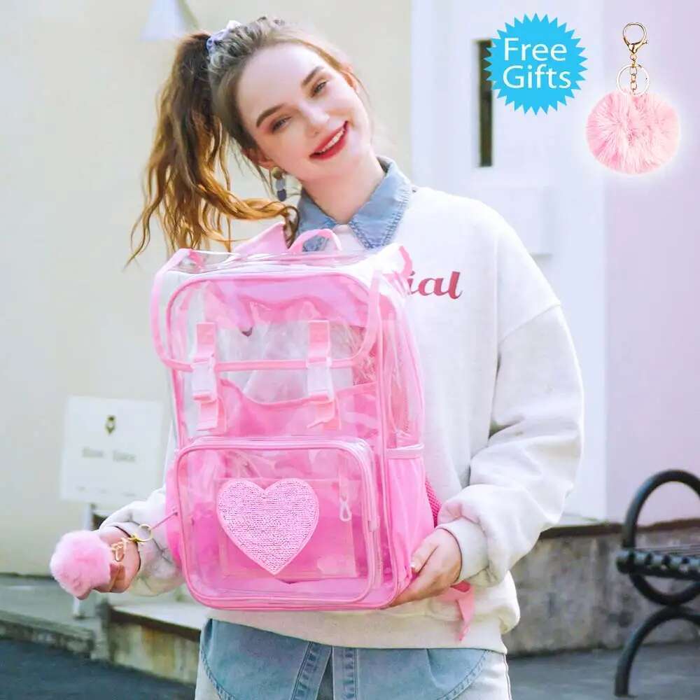 3Psc Clear Backpack, Heavy Duty Transparent Bookbag For Girls Women, Stadium Approved See Through Backpack With Lunch Box (Pink