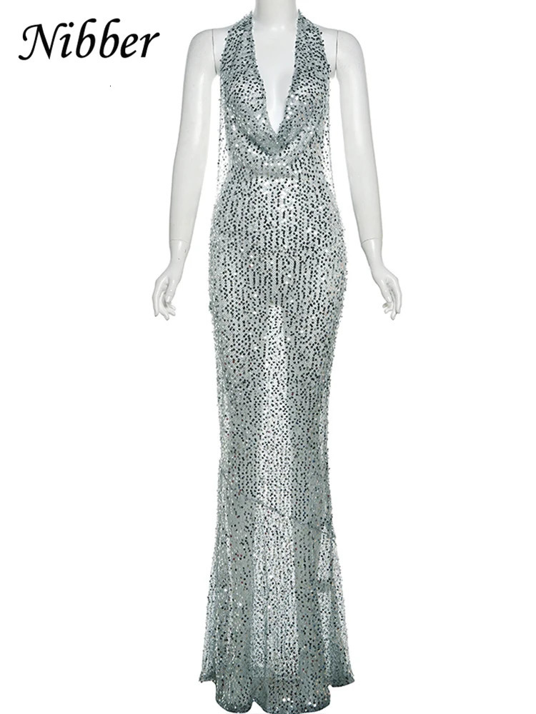 Nibber Sequins Sexy Hollow Dress Women See Through Backless Glitter Swinging Collar Skinny Banquet Birthday Elegant Vestidos 250517