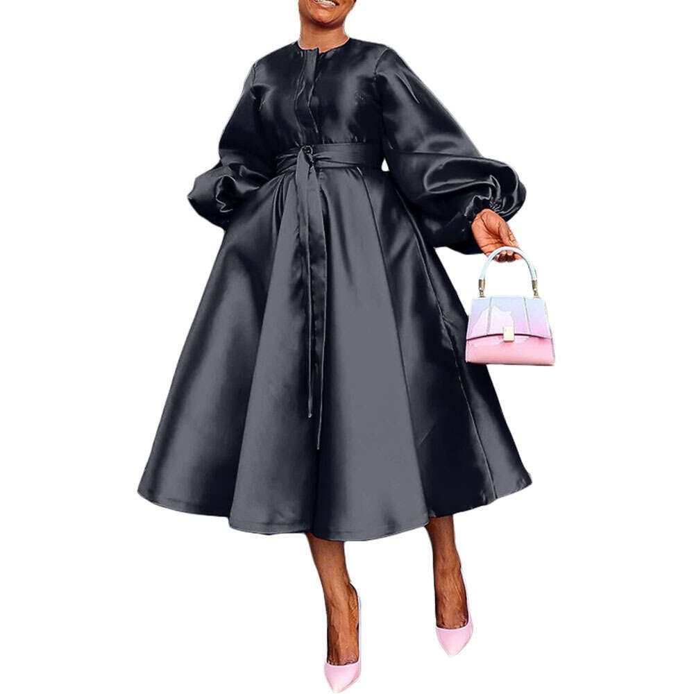Maxi Dress BN Women S Autumn Winter New Solid Color Bright Face Loose Button Lantern Sleeve Dress KQ