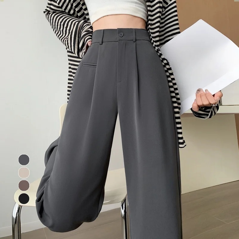 SpringSummer Retro Grey Womens Wide Leg Pants High Waist Casual Loose Straight 250506