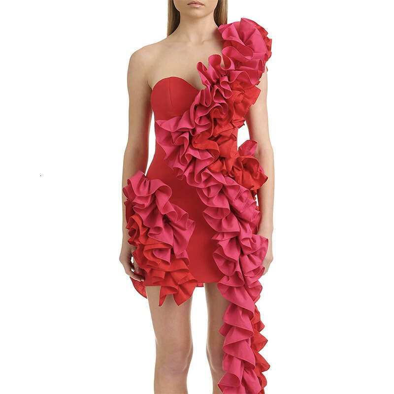 Maxi Dress INS One Shoulder Wooden Ear Wrapped Hip Bandage Banquet Party Dress KQ