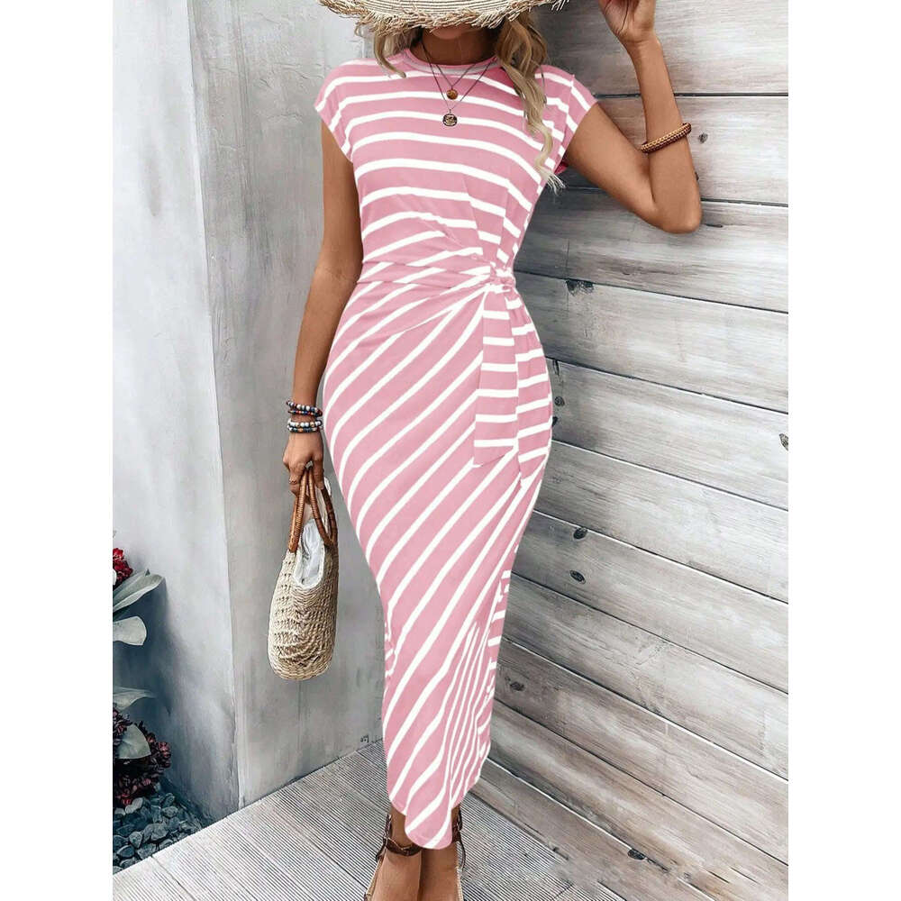 Maxi Dress Elegant Temperament Waist Strap Striped Round Neck Short Sleeved Long Dress Summer High End Women S Clothing KQ