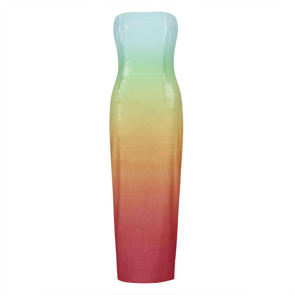 Maxi Dress New Strapless Rainbow Gradient Sequins Dating Travel Photography Graduation Season Socialite Evening Dress KQ