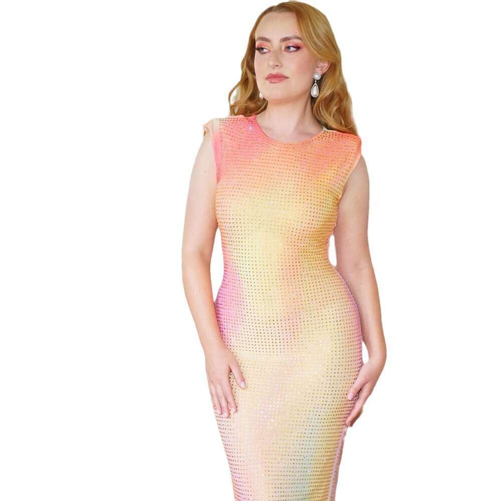 Maxi Dress New Sleeveless Round Neck Hot Diamond Gradient Long Fashion Banquet Party Dress KQ