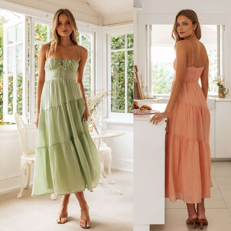 Maxi Dress Women S New Sleeveless Patchwork Suspender Long Backless Lace Up Large Hem Dress KQ