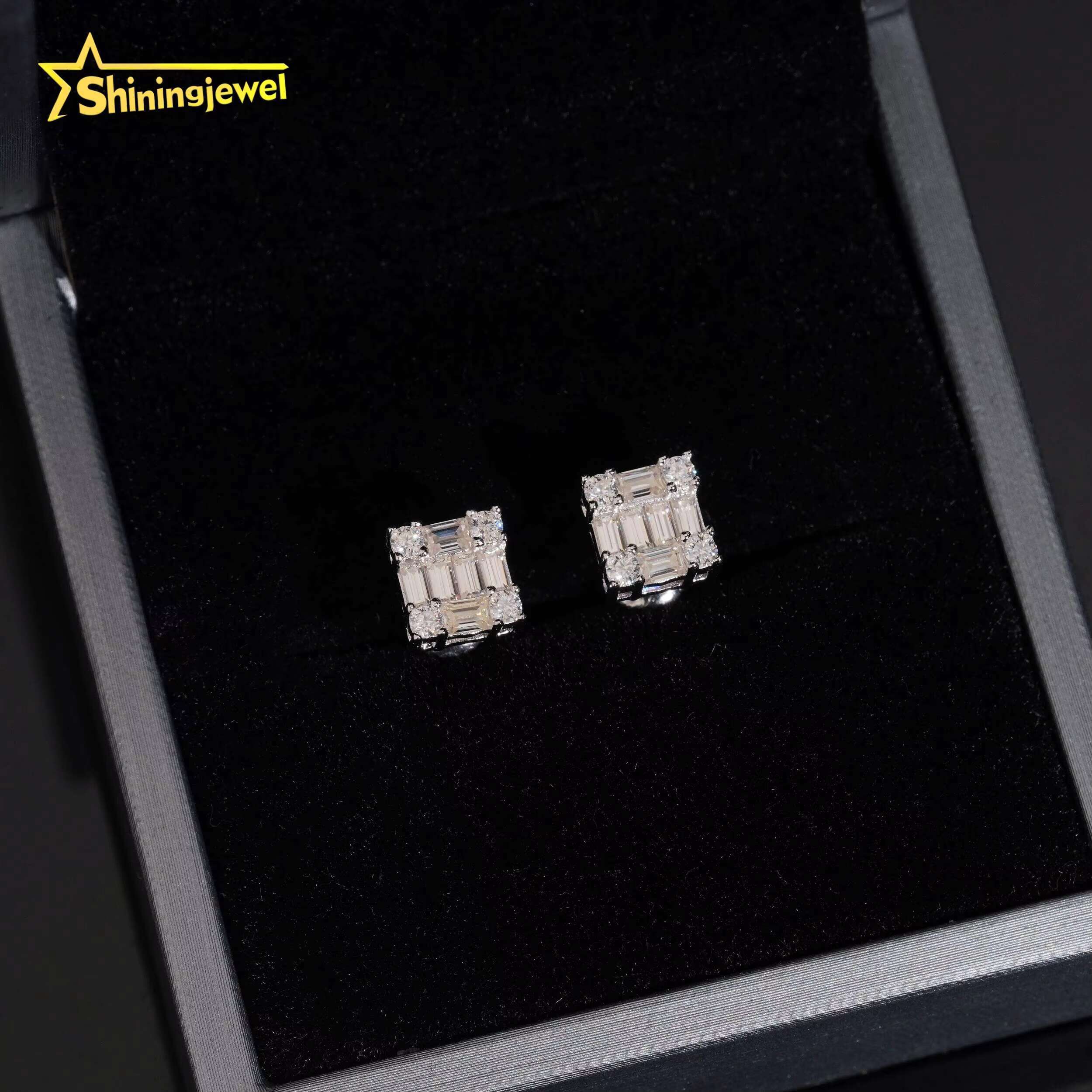 Luxury Jewelry 925 Silver Emerald Cut Moissanite Diamond Bling Special Design Iced Out Square Stud Earrings for Men