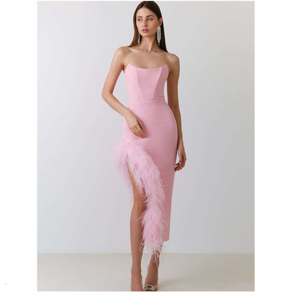 Maxi Dress New Pink Bandage Dress Fashionable Strapless And Leg Exposed Feather Party Dress Formai Dress