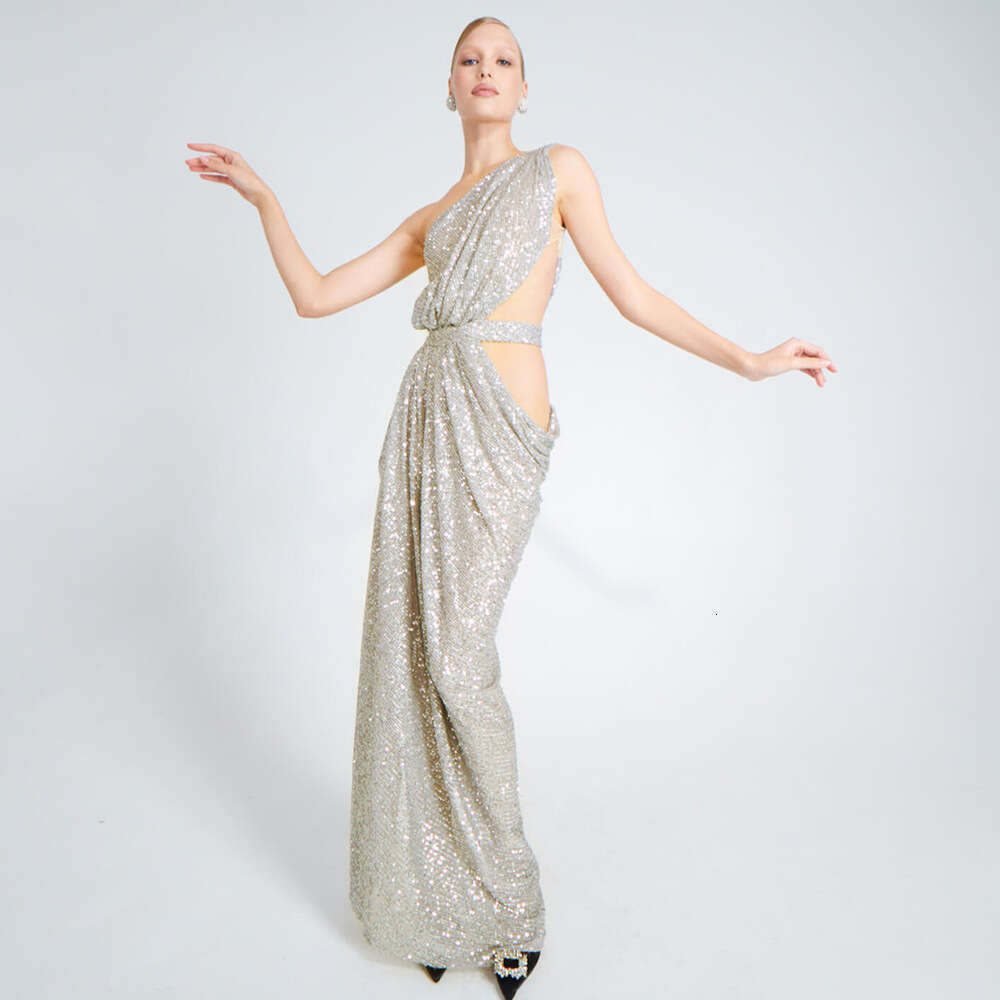 Maxi Dress New Elegant Single Shoulder Sparkling Party Dress KQ