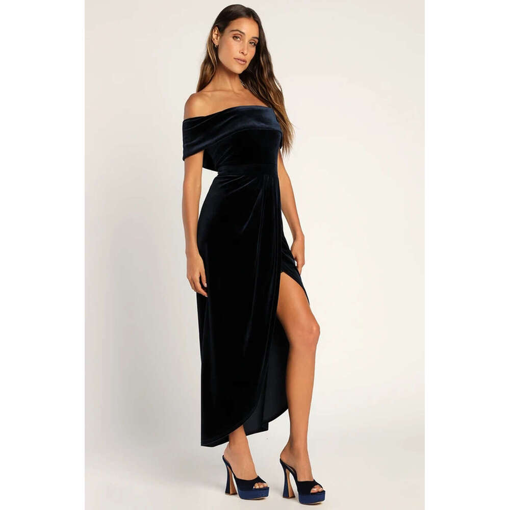 Maxi Dress Velvet New Ins Style Elegant One Shoulder Split Dress Formai Dress