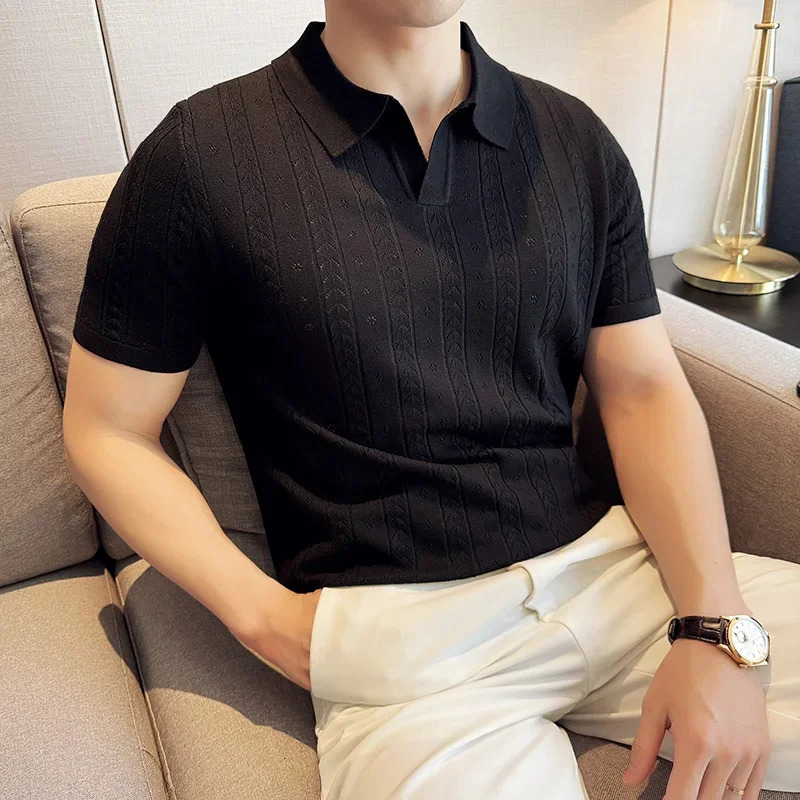 Mens Polo Shirt Striped Jacquard Knit Short Sleeve T-shirt V-neck Solid Color Elastic Top . M-3XLSummer Purple Thin 250517