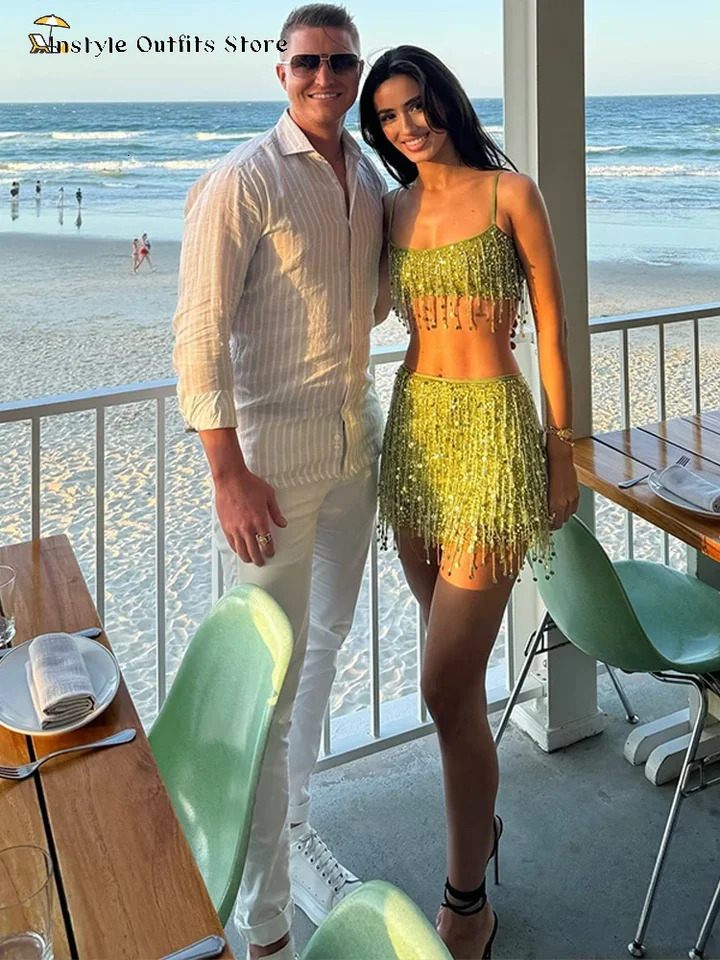 Tassel Mini Skirt Sets Women Slim Sequin Slip Crop Top Backless Vest Above Knee Hip Package Skirts Set Lady Summer Beach Holiday 250516
