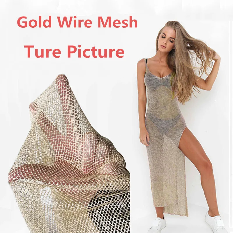 Women Sexy Mesh Beach Dress Sheer Long Cover Up Knitted Glitter Tunic Female Golden Swimsuit Bikini Sarong Swimwear Sling Dress 250517