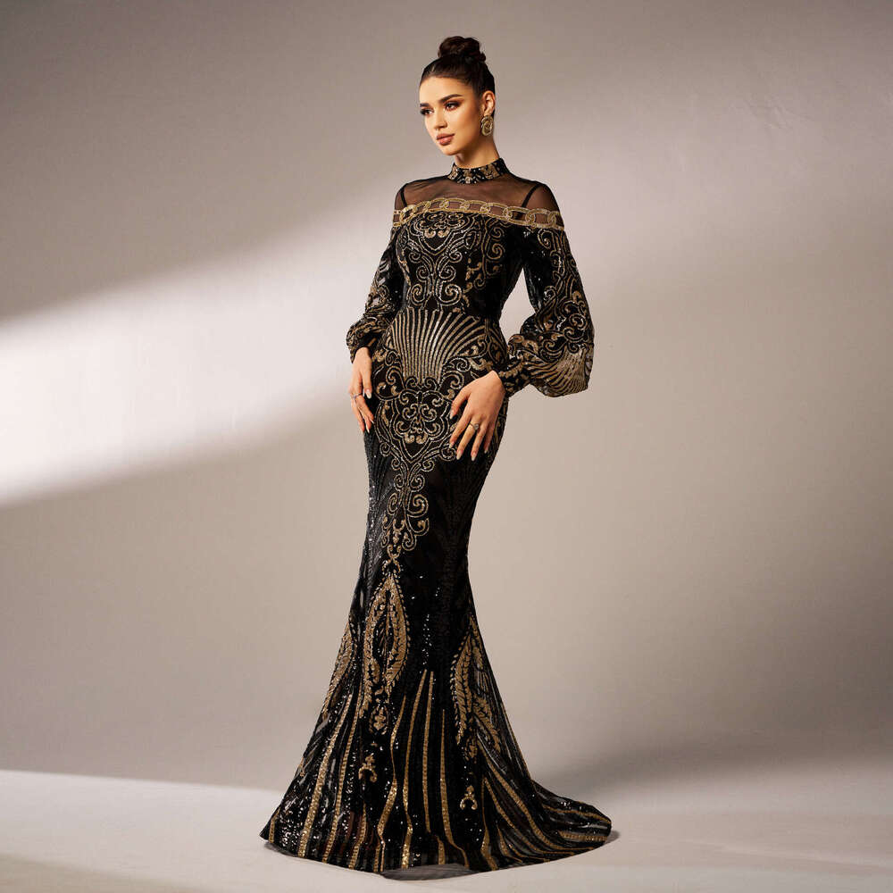 Maxi Dress New Sleeved Round Neck Long Sequined Banquet Mesh Fishtail Evening Bridesmaid Women S Dress KQ