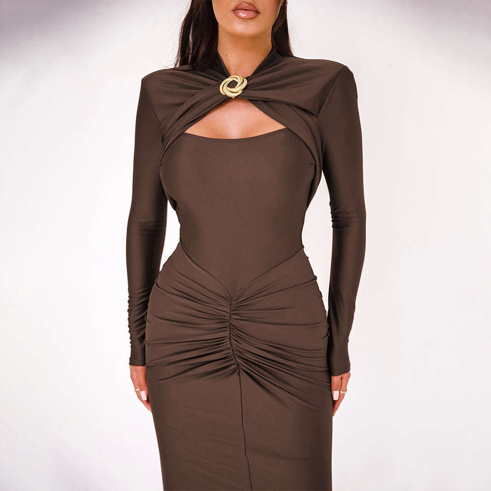 Maxi Dress New Women S Skirt Sexy Slim Fit Pleated Hollow Long Sleeved Dress Formai Dress