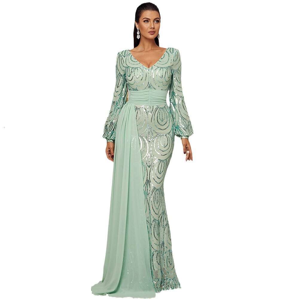 Maxi Dress Temperament Sleeved Sexy Long Sequin V Neck Party Ribbon Evening Bridesmaid Women S Dress KQ