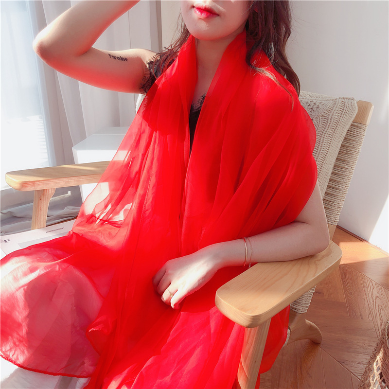 K753 Silk scarf spring and summer light chiffon scarf ultra-thin solid color ice silk scarf long beach sunscreen large shawl beach towel