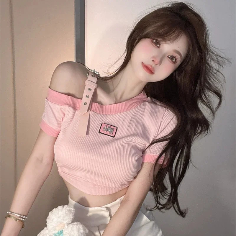Women Off Shoulder Party Graphic Clothes Lady er Crop Short Sleeved T-shirts Female Sweet Spicy Style Pink Tie Up Tops 250517