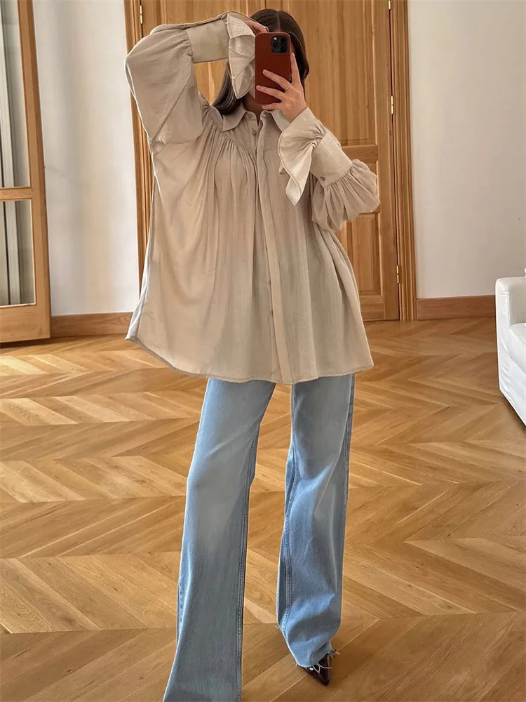 Tossy Summer Ruffled Loose Shirts Cardigan For Women Lapel Long Sleeve Casual Solid SeeThrough Blouse Female Pleated 250516Z