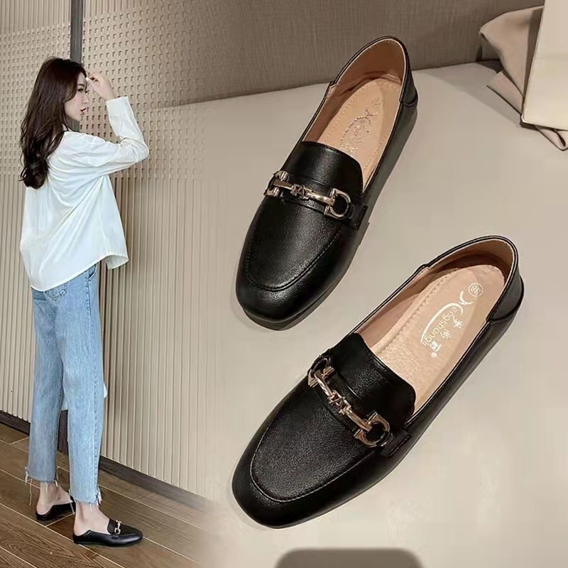 Leather women's shoes, single foot anti slip flat shoes, British casual shoes, designer's fashionable soft soled lazy bean shoes