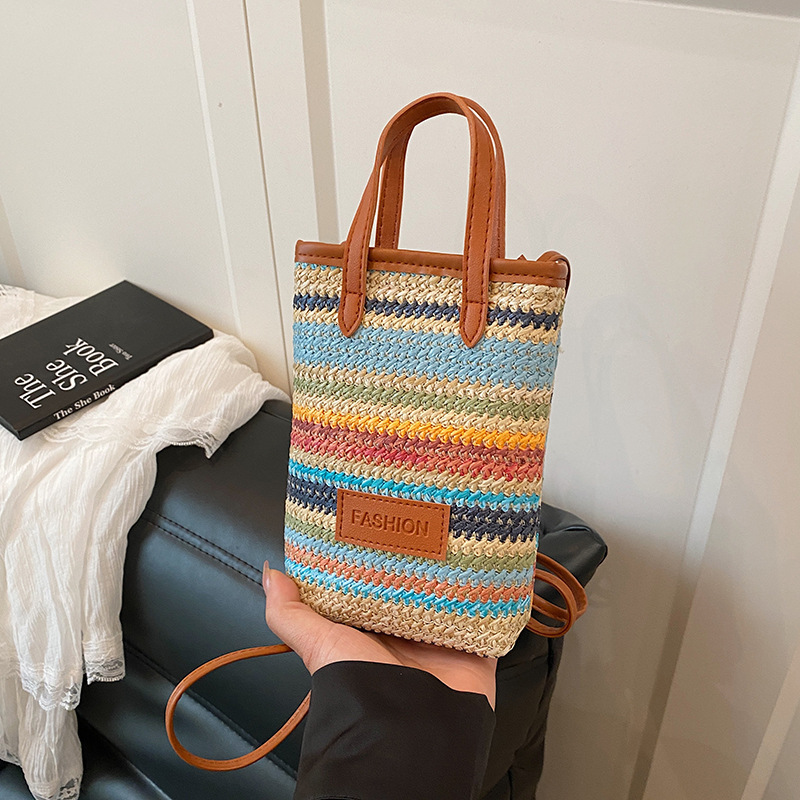 Free Delivery Designer Bag Korean Version Color Striped New 2025 Girls' Spring And Summer Trend Fashion Woven Single Shoulder Crossbody Mobile Ph