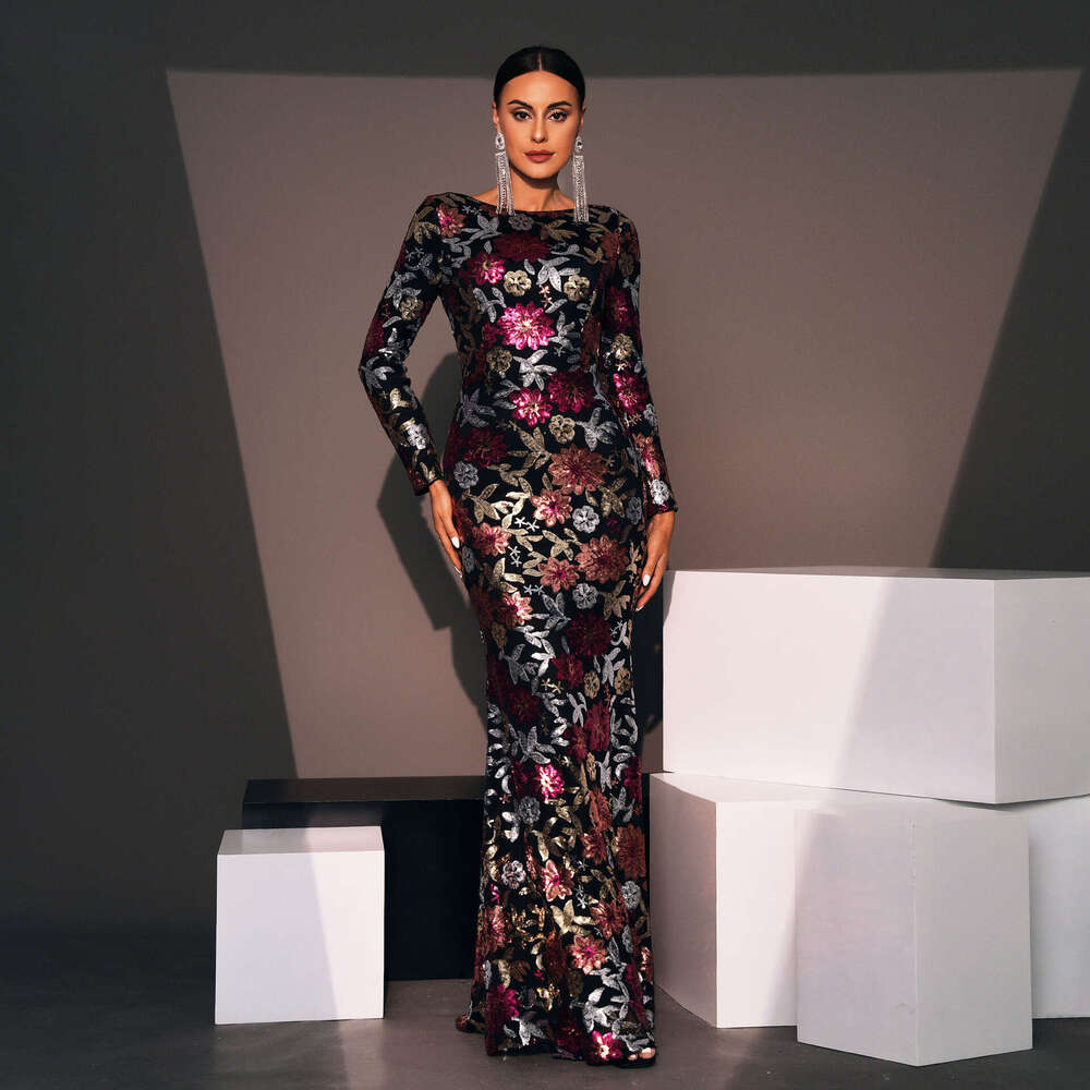 Maxi Dress Evening Gown Sleeved Temperament Round Neck Sexy Slim Fit Long Sequin Banquet Bridesmaid Dress For Women Long Dress