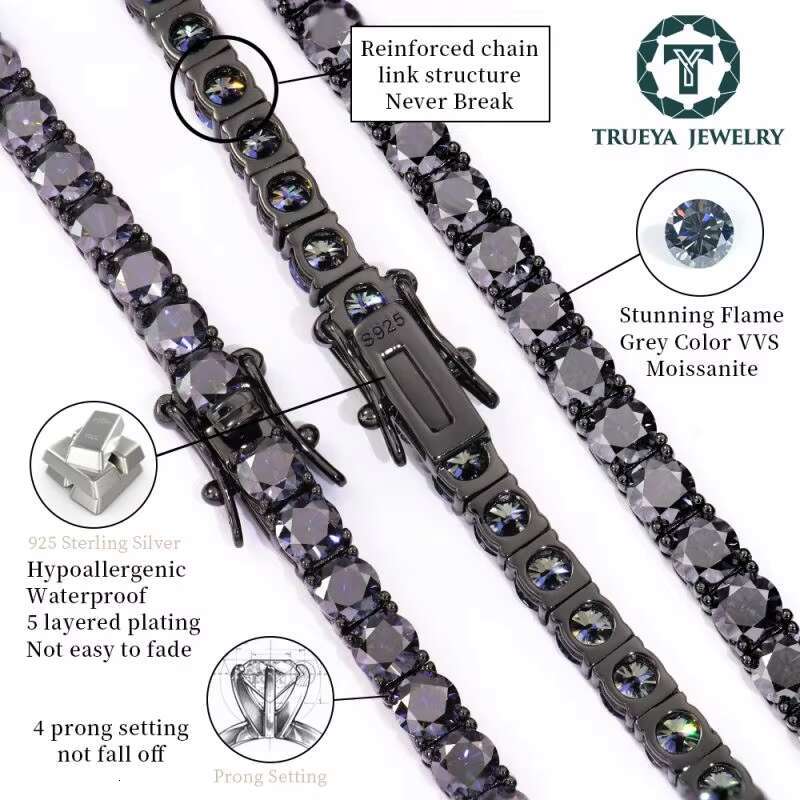 OEM Jewelry Custom 18k Black Gold Plated 925 Silver Round Gray Colored Vvs Diamond Mossanite Moissanite Tennis Chain Necklace