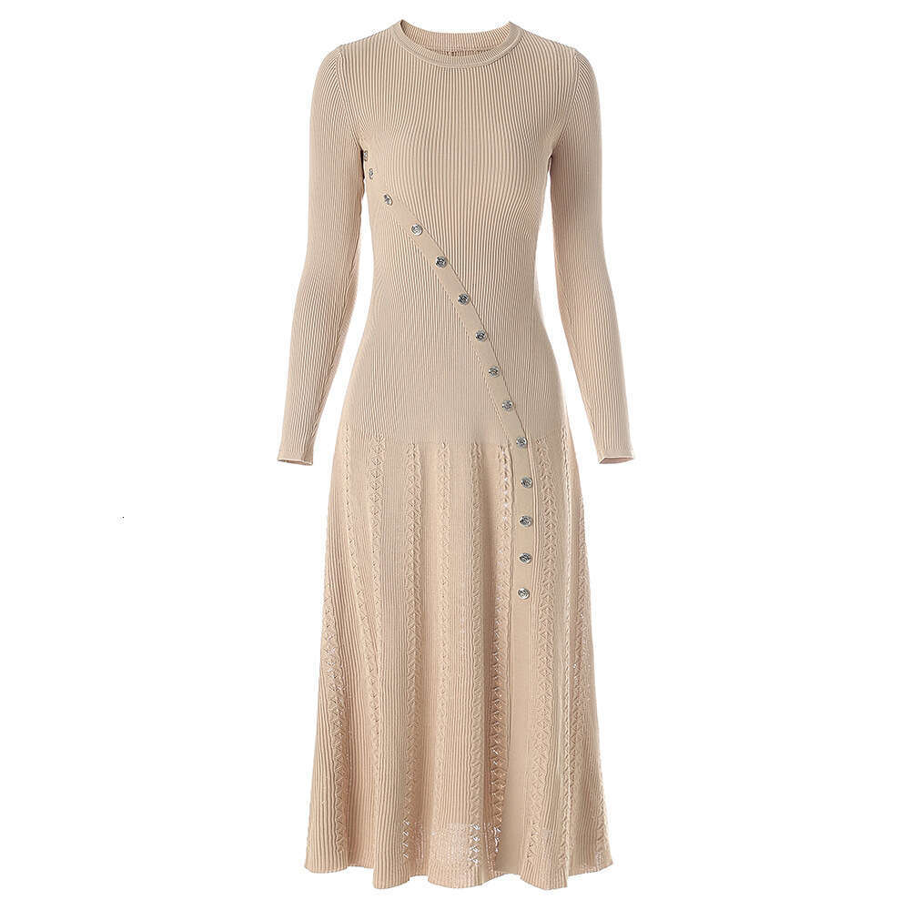 Maxi Dress Early Autumn New Sleeve Design With Curved Button Heavy Duty Elastic Round Neck Wind Long Dress KQ