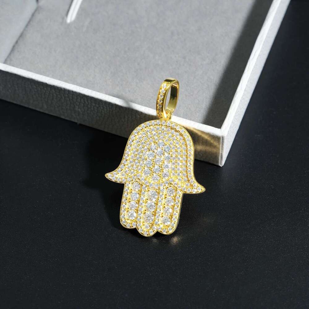 Hiphop Iced Moissanite Dia Hamsa Hand Sterling Sier Fatima Good Luck Charm Pendant Plated 14K Gold Pass Tester