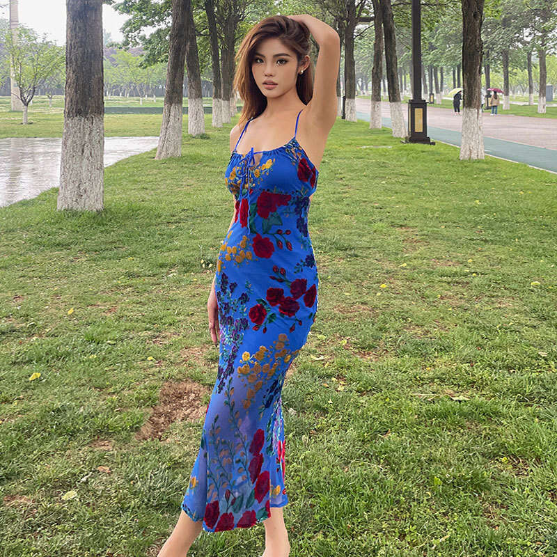 Fatal Woman Blue Velvet Burnt Flower Spicy Girl Hollow Back Slim Hanging Strap Dress